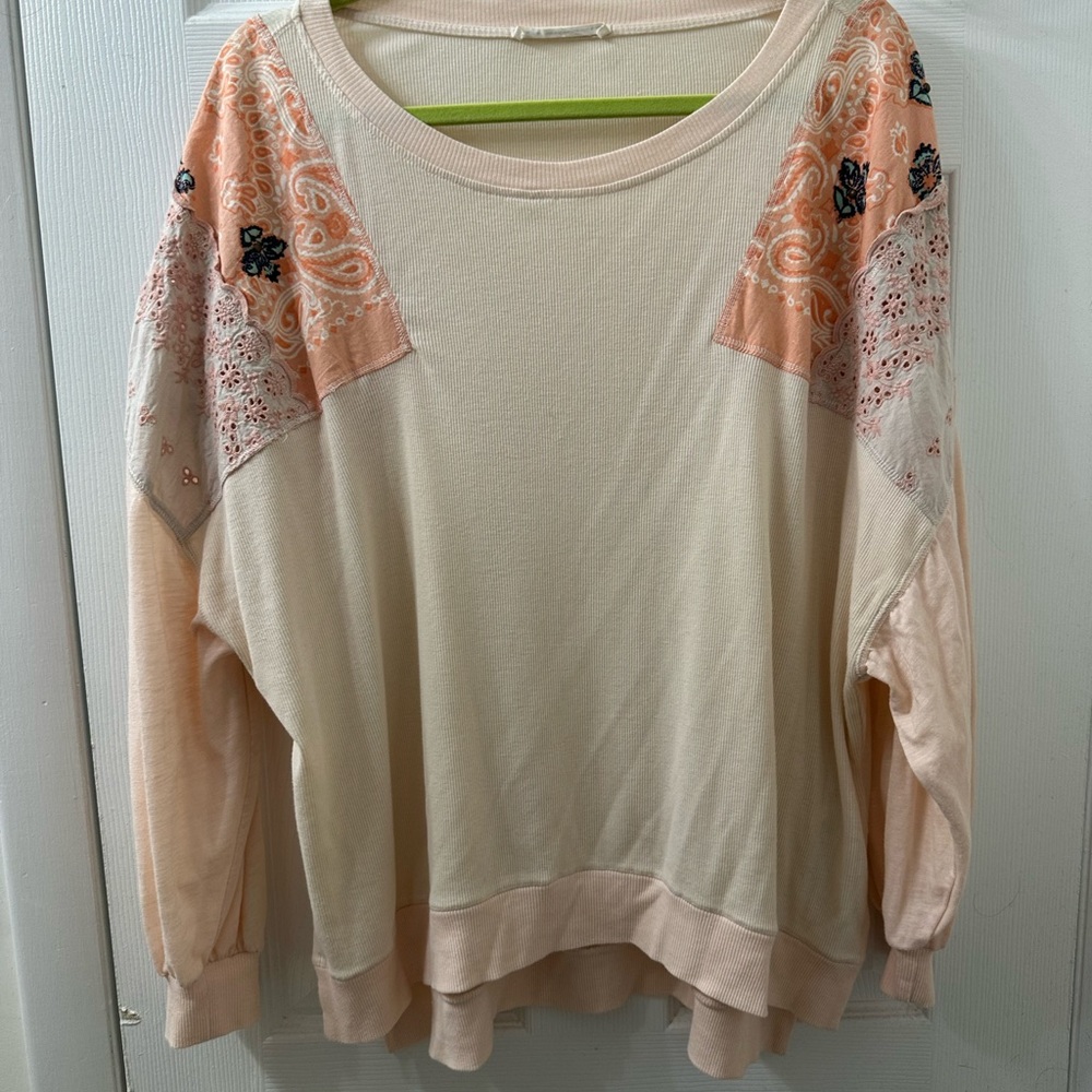 We The Free Cream and Peach Embroidered Sweatshirt